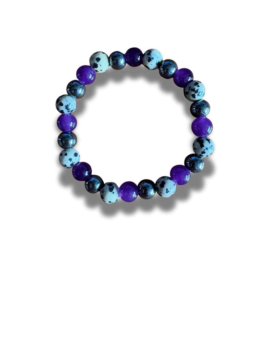 Edelsteen Armband Loslaten -8mm – 18 cm - Amethist,Hematiet & Dalmatiër Jaspis -Emotionele Balans & Innerlijke Kracht