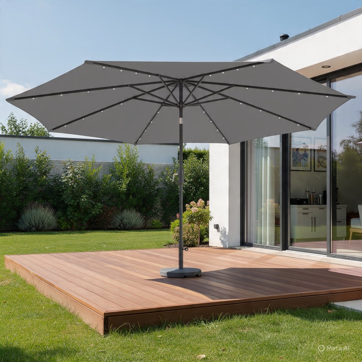 Zweefparasol 300 cm met LED verlichting & zonnepaneel – Kantelbaar met zwengel, inclusief standaard & zandzakken – UV-bestendig waterafstotend tuinscherm donkergrijs – Nicolehome