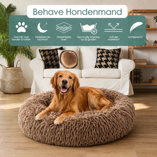 Golden retriever in een ronde, beige, pluizige hondenmand in een woonkamer.