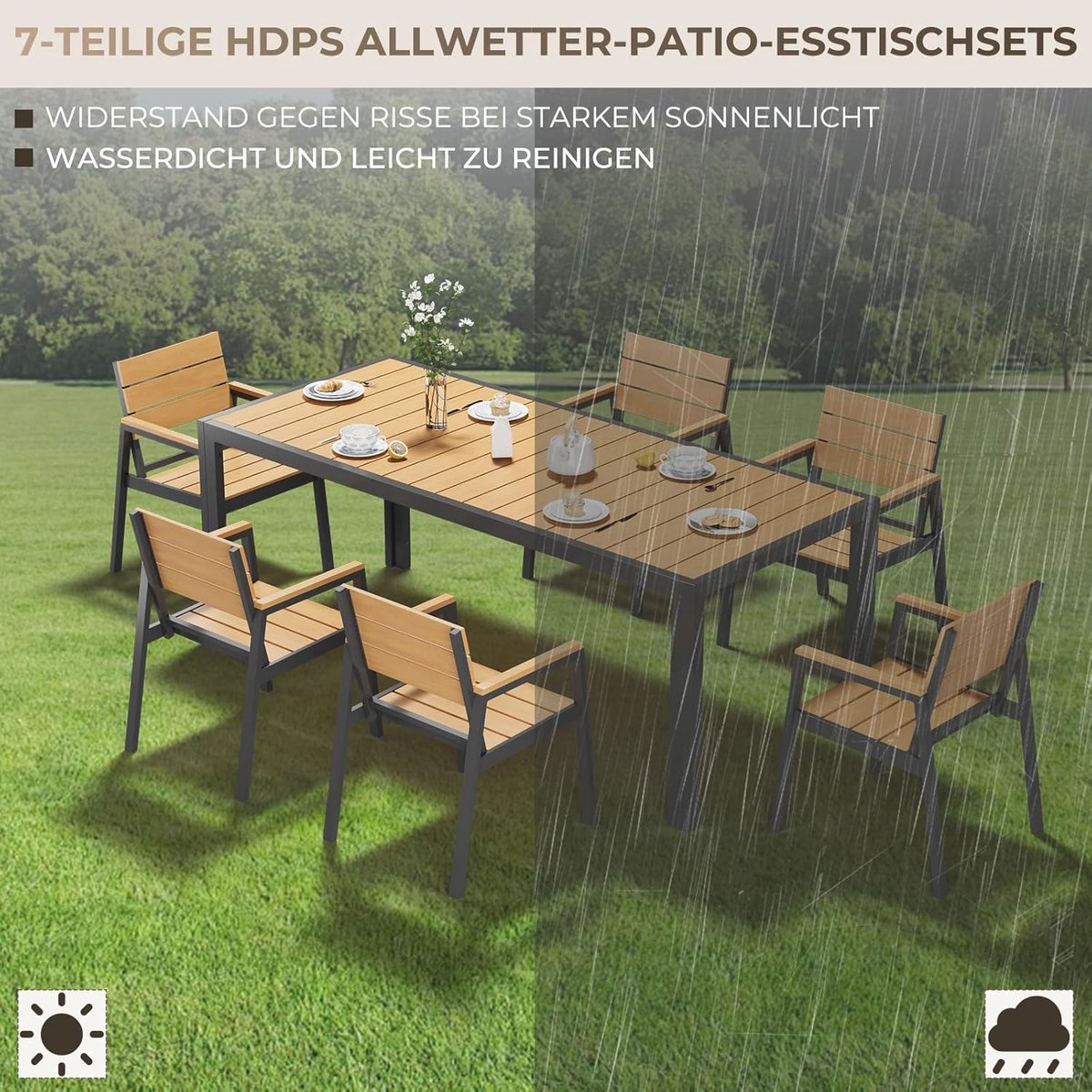 Tuinmeubelset 6 Personen 189x80x72 cm – Aluminium Tuinset met Houtlook Stoelen & PS Tafelblad – Weerbestendig, Onderhoudsvriendelijk, Luxe Terrasset – Nicolehome