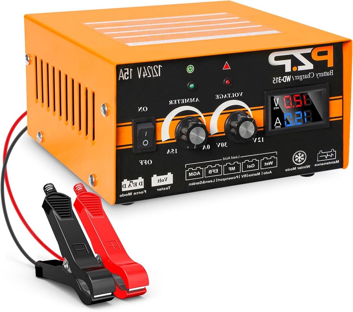 Acculader - Batterijlader Onderhouder - Voertuigen Opladen - Verstelbare Volt Amp - 0-15A 12V 24V - Zwart