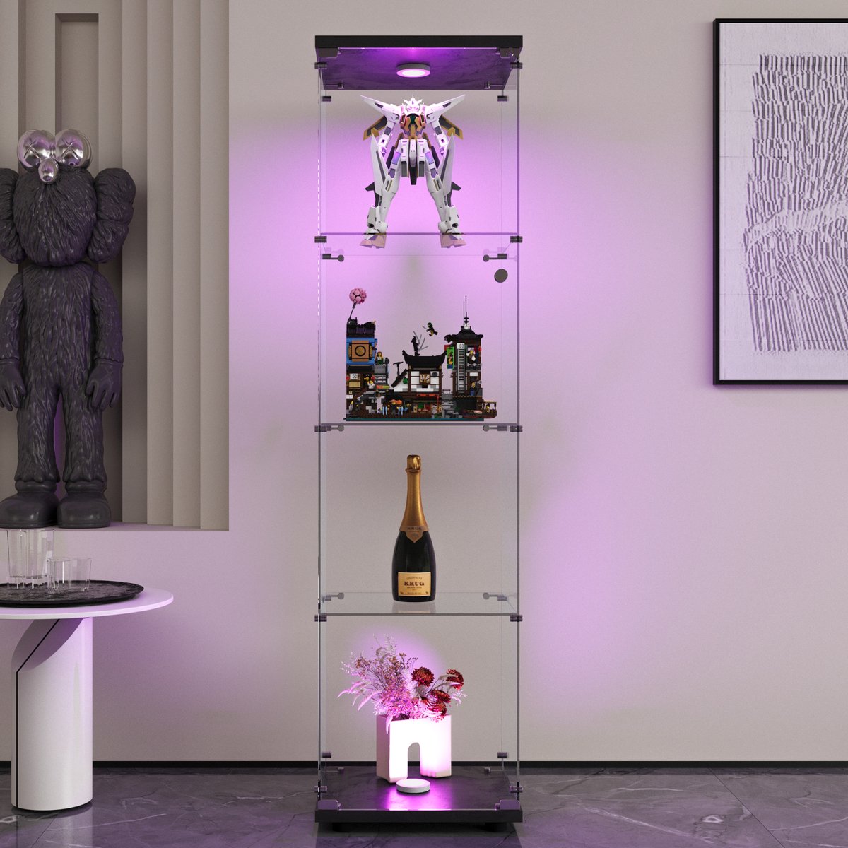 ROSAHQNDA Glazen vitrinekast met 4 planken, glazen vitrinekast met één deur, LED-verlichting en slot, voor hal, woonkamer, slaapkamer, zwart
