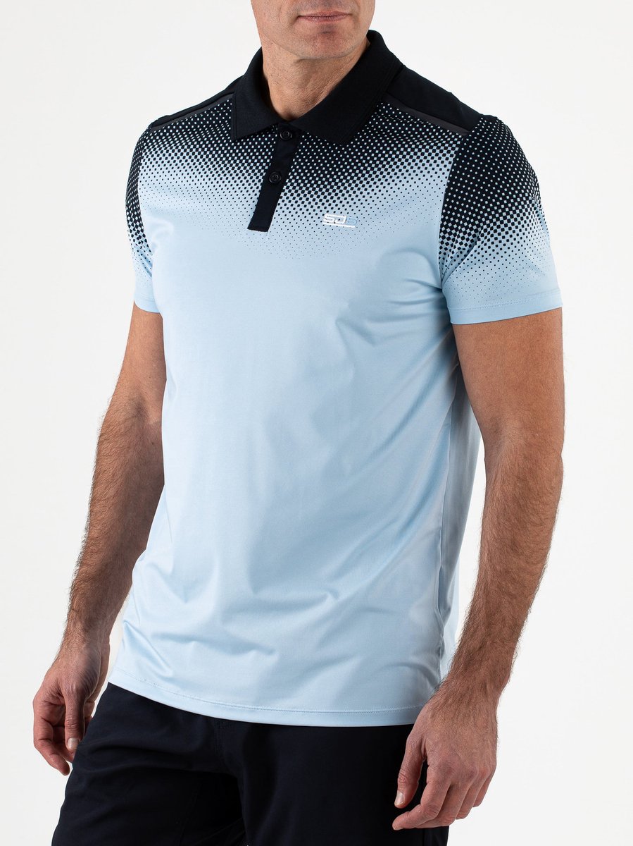 Sjeng Sports CASS Tennis Polo Heren Poederblauw Zwart Single Jersey Dot Gradient Schouderdetails Siliconentape Ademend Sneldrogend Sportshirt Kleding