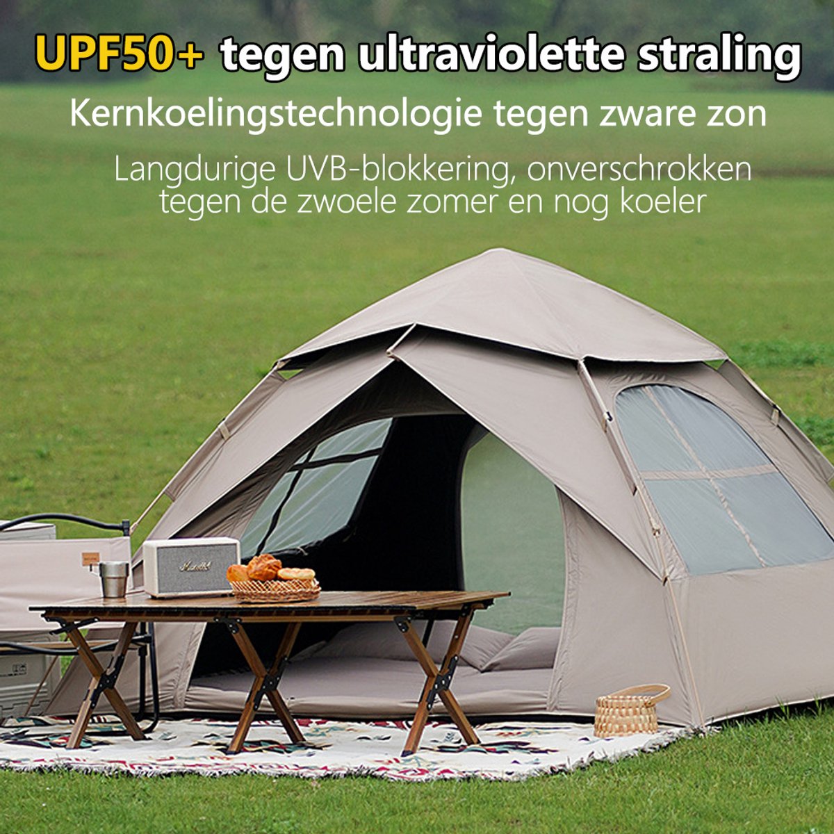 Automatische Pop-up Tent - Vierhoekige Kampeertent voor 1-2 Personen - Vaste Zonnekap - Inclusief Draagtas - Ideaal voor Gezinscamping en Festivals - Met Zwarte UV-Block Coating - Snelle 3-Seconden Opzet - Kaki – foto 7