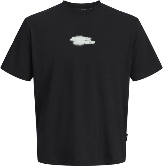 Zwarte t-shirt met een klein, lichtgrijs grafisch printje op de borst. De t-shirt is plat neergelegd.