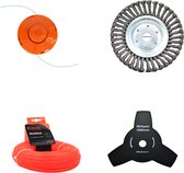 Maaidraad 100M, draadkop, 3-tands mes en onkruidborstel 15cm voor Bosmaaier of Combitool - draadspoel - maaikop