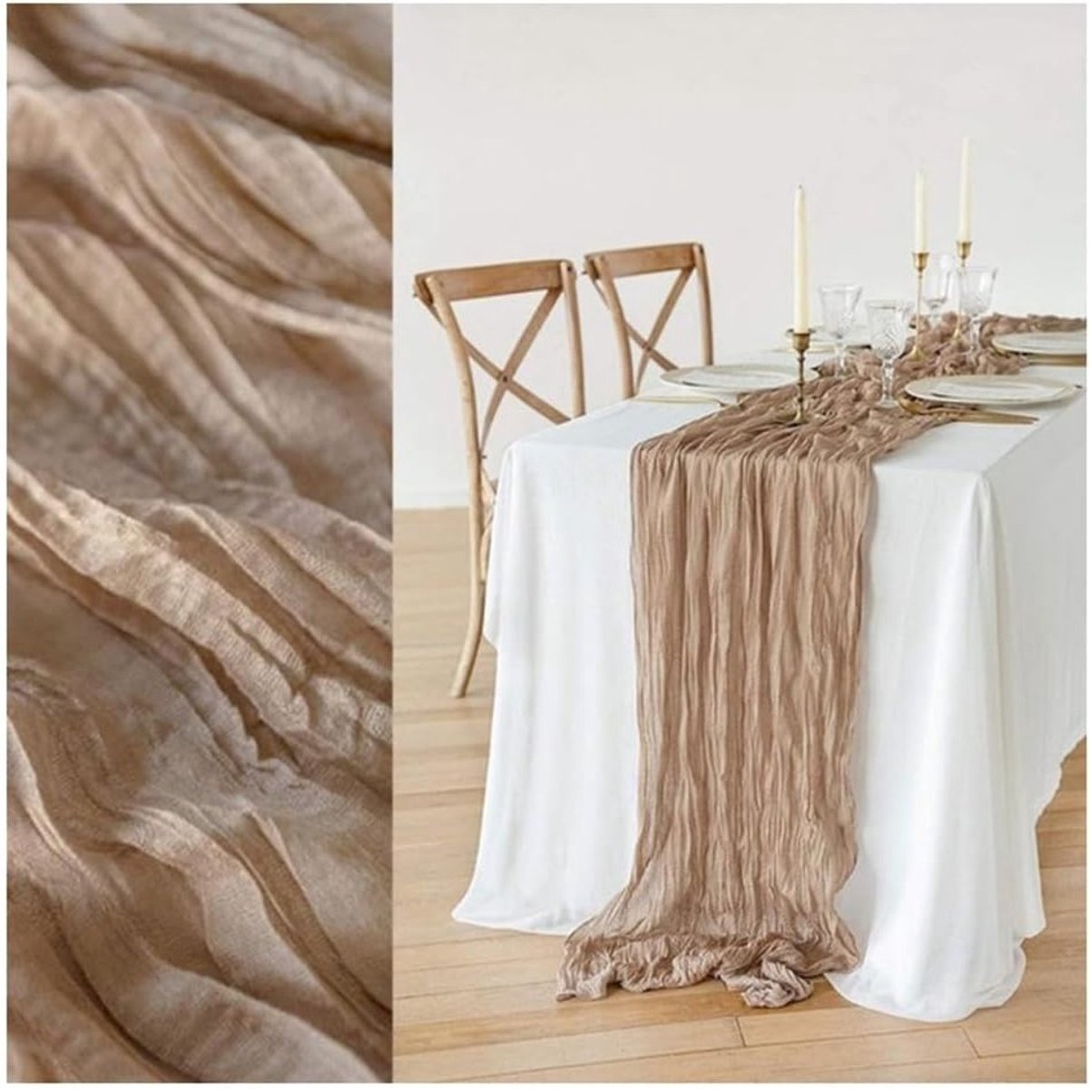 Licht Camel Tafelrunner van Cheese Cloth 90 x 400 cm - Translucente Tafelkleed voor Bruiloft en Feestdecoratie, Boho Stijl en Plissé Design