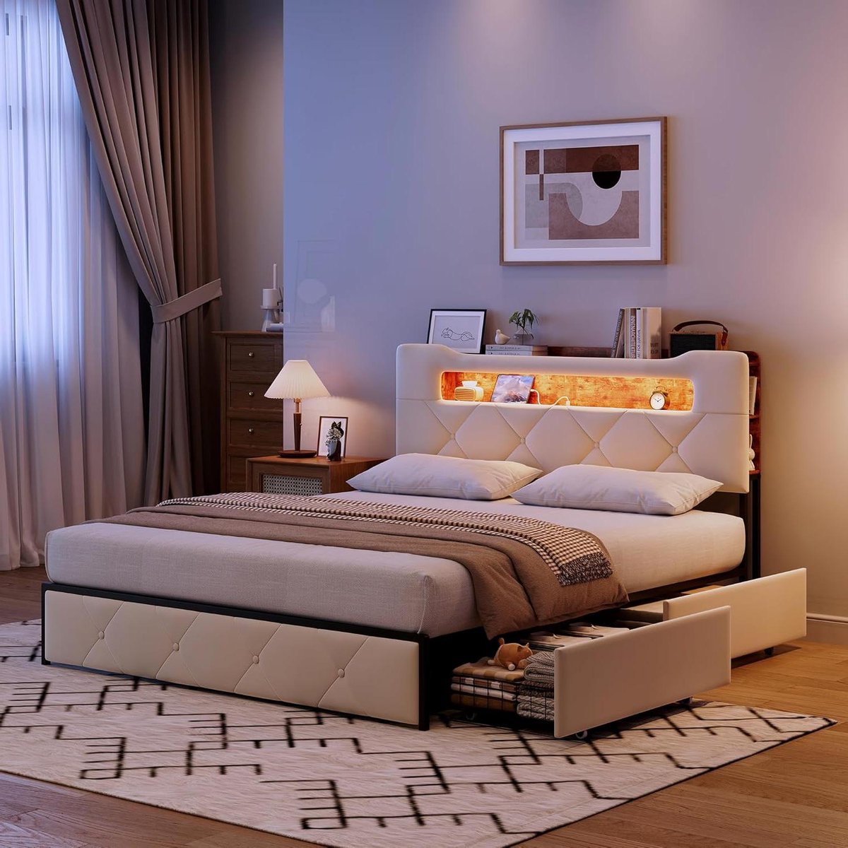 Bed met LED en USB - Boxspring bed - Ontspannen slapen - Vier opberglades - 140 x 200 cm - Beige