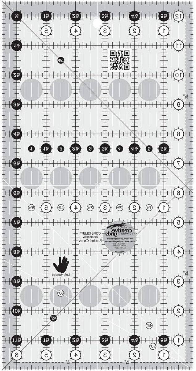 Quilt Liniaal - Naai Liniaal - Precisie Quilten - Speciaal voor Linkshandigen - 6.5" x 12.5" - Wit