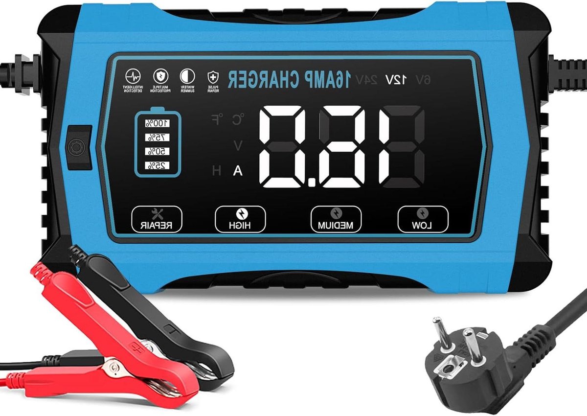 Acculader - Batterijlader Druppellader - Accu's Onderhouden - 10-Traps Laadproces - 16 Ampère - Blauw