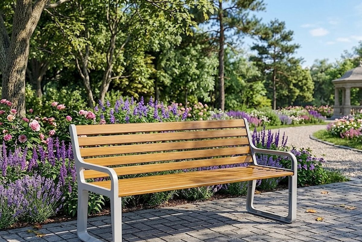 Luxe Weerbestendige Tuinbank 150 cm met Rugleuning en Armleuningen – Ergonomische Parkbank van Houtlook & Verzinkt Staal voor Buiten, 2-3 Personen, 150 x 42 x 85 cm
