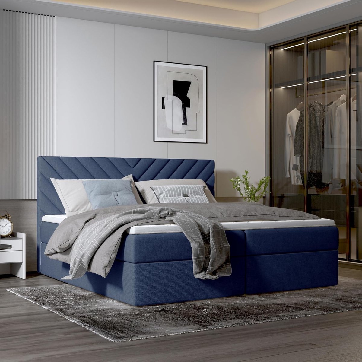 Boxspring 200x200 cm met opbergladen, matras H3 en topper – tweepersoonsbed met opbergruimte, ademend matras, modern design zonder voetbord – middernachtblauw – Urbanhome