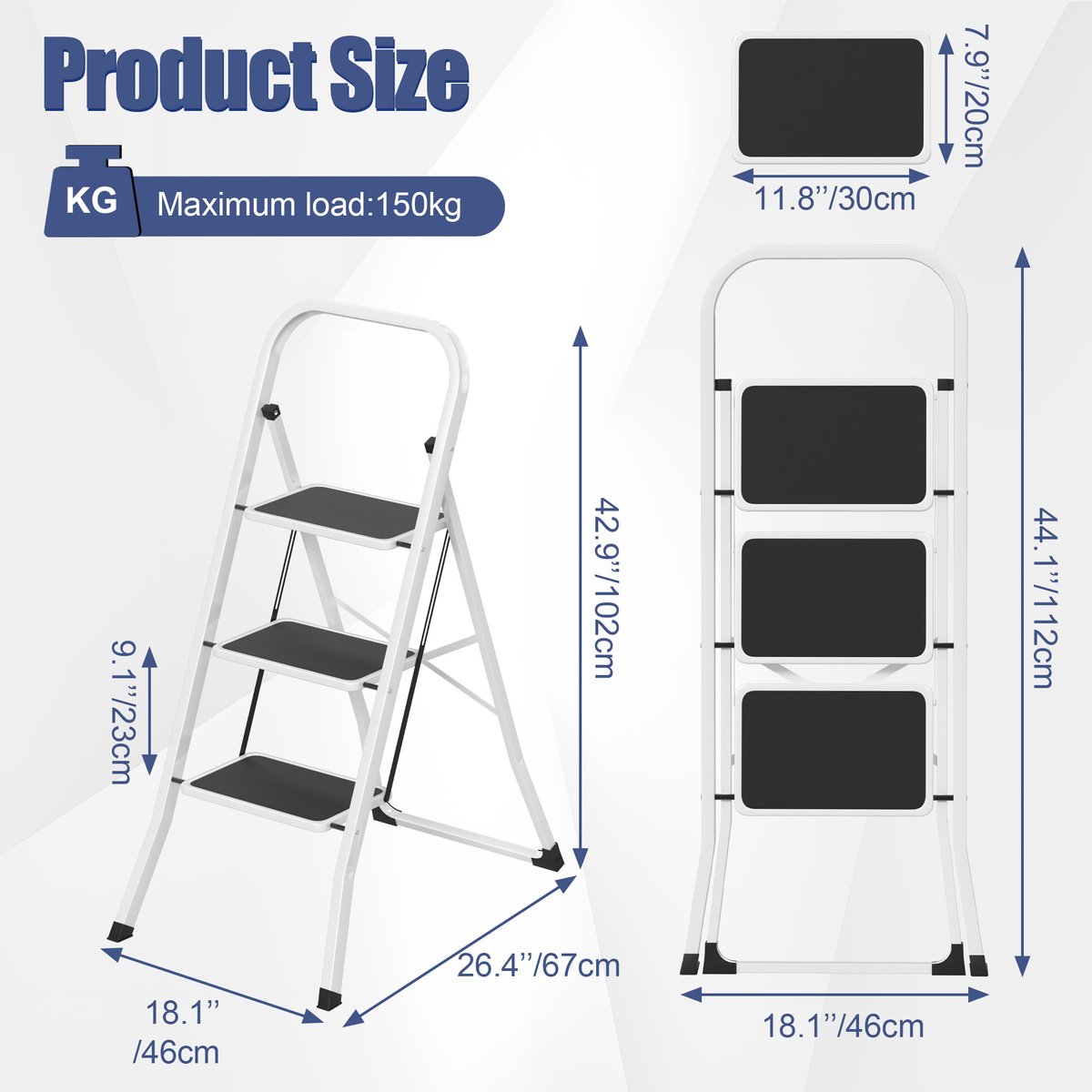 Froadp 3-treden metalen ladder, opvouwbare ladder, opstapje, antislip trapladder, multifunctionele ladder, opvouwbaar opstapje, opstapladder, sta-ladder tot 150 kg, zwart-wit – foto 2