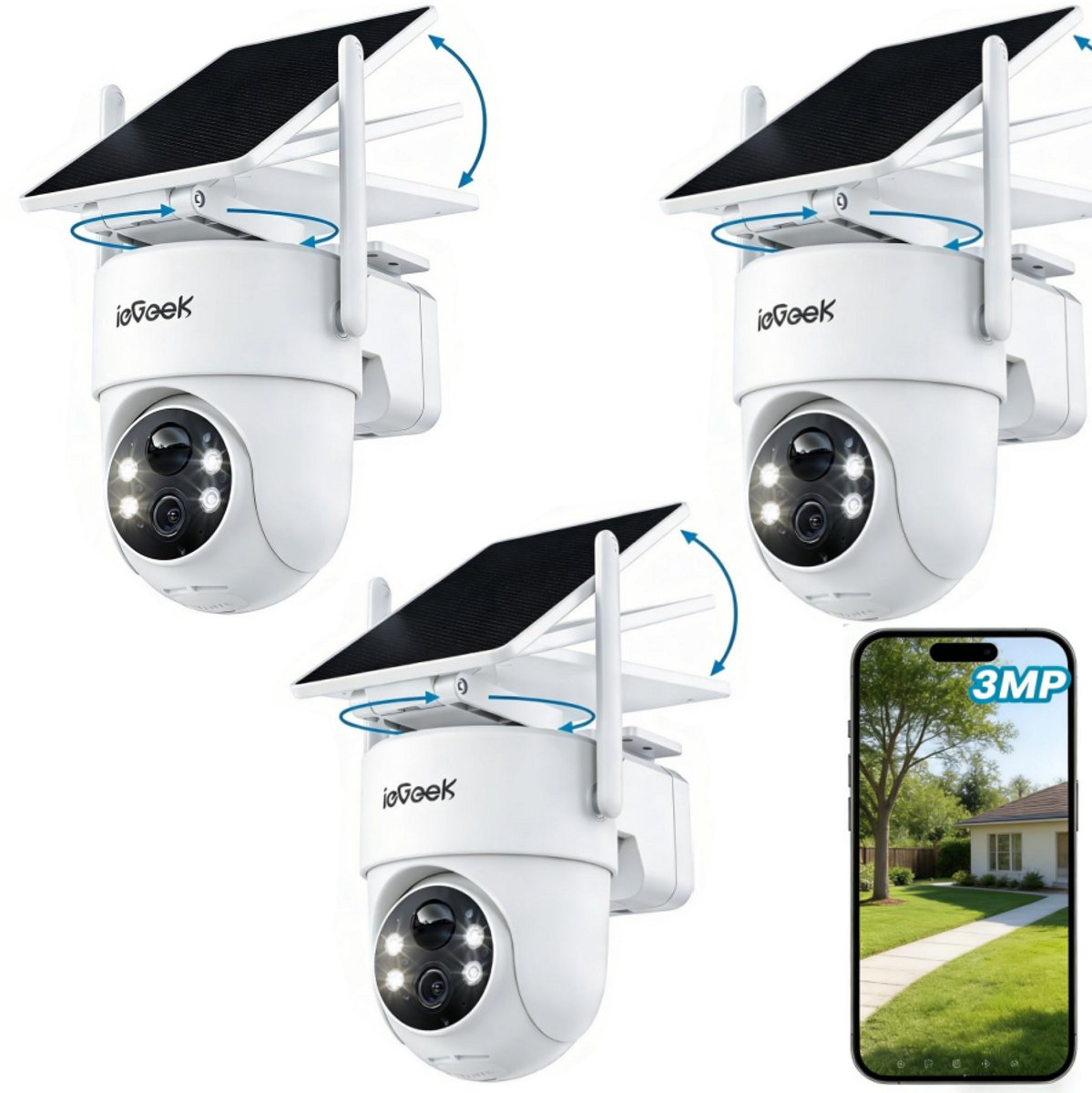 ieGeek Security Solo Camera S5 - Draadloze Beveiligingscamera voor Buiten - 2K HD-resolutie - 360° Pan & 90° Tilt - AI Auto Lock en Tracking - Zonne-energie - Geen Abonnementskosten - 3 Stuks