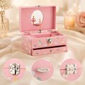 Roze muziekdoos met unicorn print, ballerina en spiegel. Drie close-ups tonen de sluiting, knop en scharnieren.