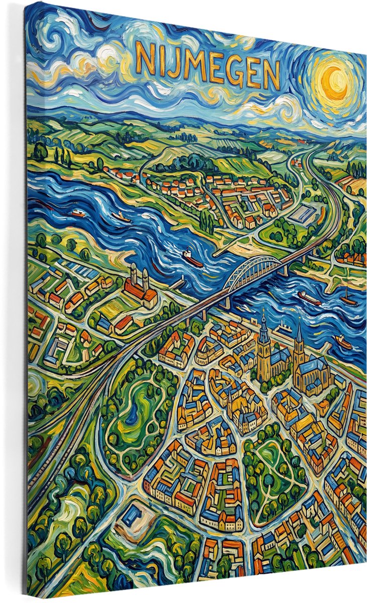 Stadsposter Nijmegen wanddecoratie op canvas afmeting 75x100cm - stadskaart - plattegrond - schilderij stad - steden posters