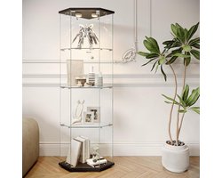 Glazen hoekvitrine, vitrine op voet van glas, 4 planken, 1 deur met deur, glazen vitrinekast met deur en slot, kast met vijf hoeken, 162 x 60 x 35 cm (1 deur 4 lagen, zwart-6)
