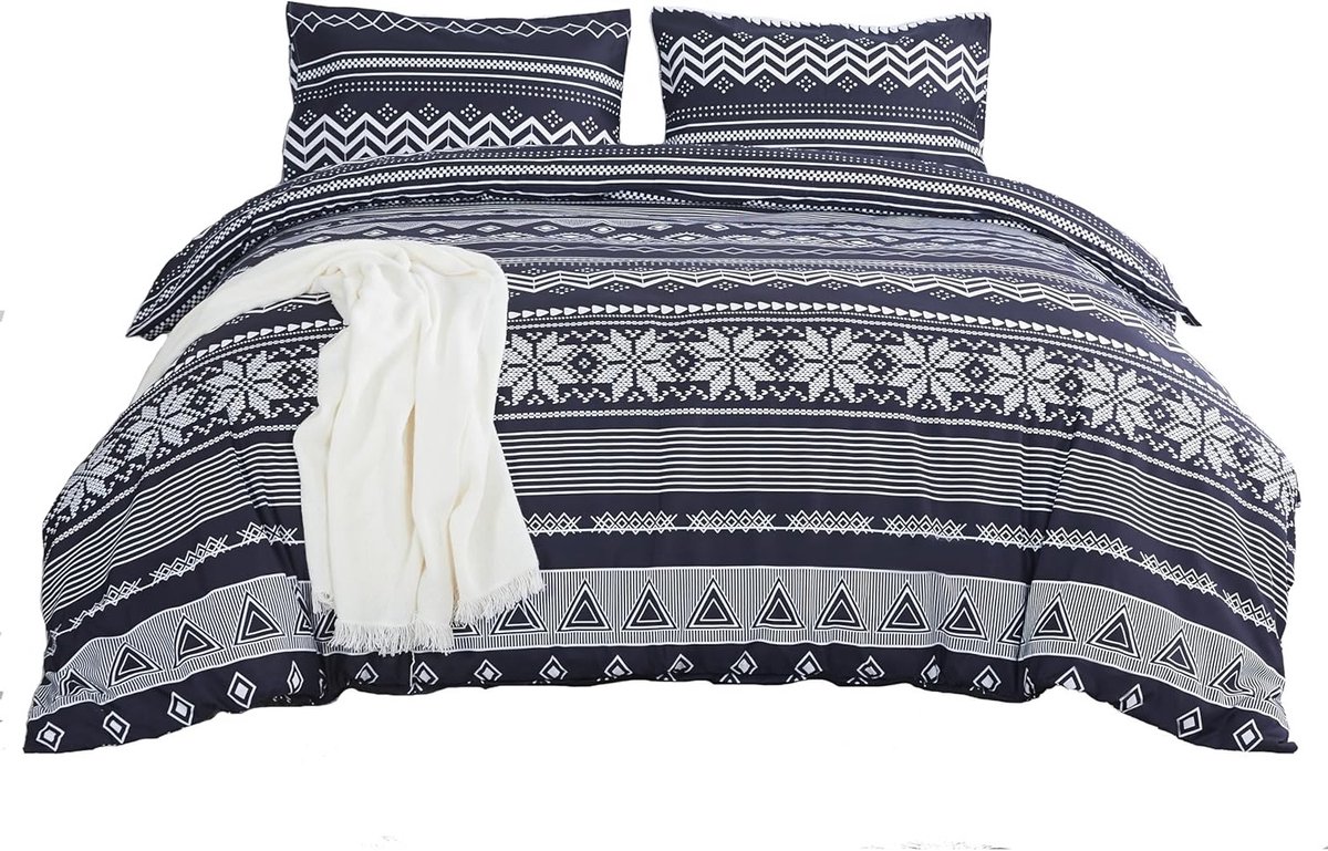 Luxe beddengoed set met praktische rits, zwart Bohemian patroon, dekbedovertrek 180 x 220 cm, hoeslaken 230 x 230 cm en 2 kussenslopen 48 x 74 cm voor een stijlvolle slaapkamer