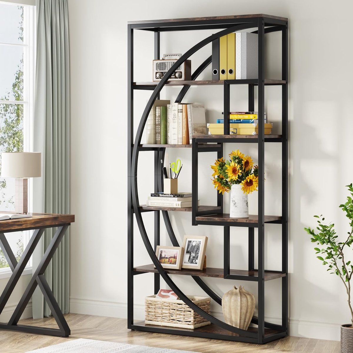 Industro GeoLux Industriële Boekenkast 180x80x30 cm – 5-Laags Open Kast met 8 Vakken, Vintage Bruin & Zwart Metaal, Stijlvolle Opbergkast voor Woonkamer, Kantoor en Slaapkamer