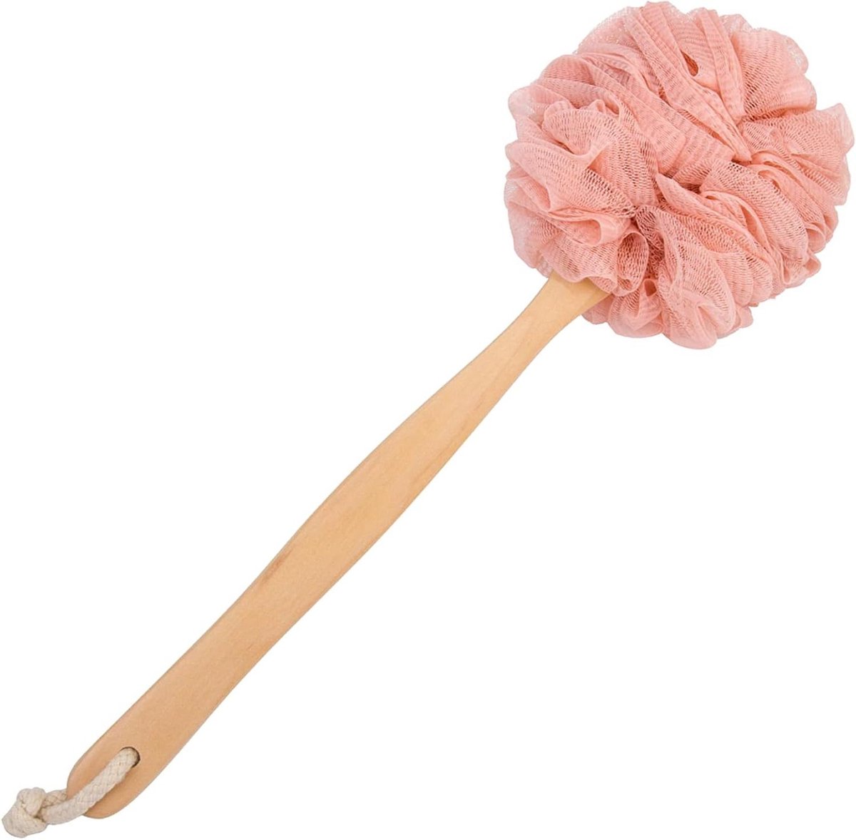 Loofah Back Scrubber voor douche, Houten lange steel Badspons Lufa Douche Borstel, Zachte Nylon Mesh Back Cleaner Wasmachine, Vrouwen & Mannen Exfoliërende Luffa Poef op een Stok voor Lichaam (Roze)