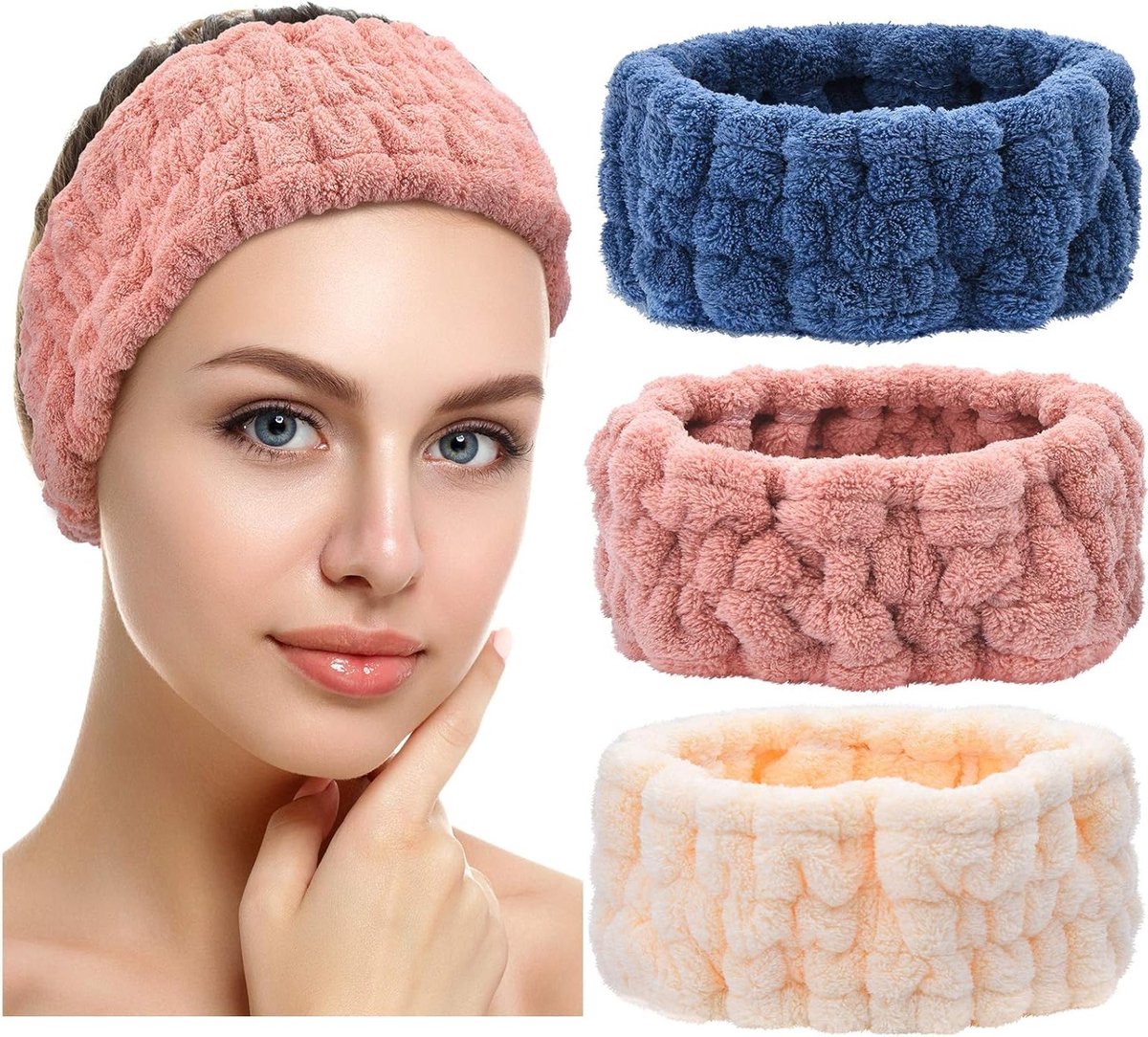 Set van 3 zachte haarbanden voor dames - Ideaal voor gezichtsmaskers, make-up en spa-behandelingen - Perfecte geschenken in donkerroze, donkerblauw en melkachtig wit