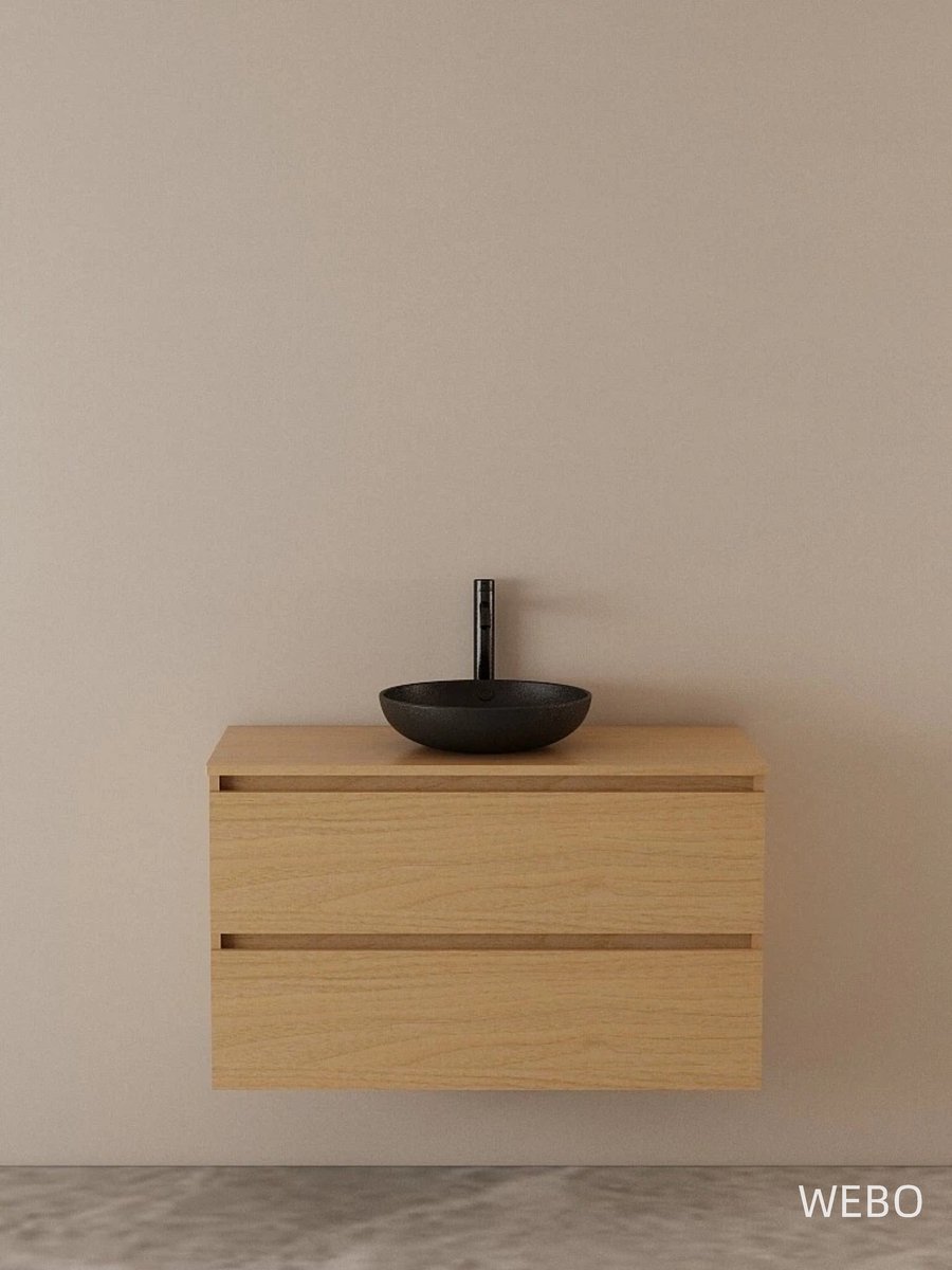 WEBO 100cm Sydney Oak eiken badkamermeubel volledige set INCLUSIEF mat zwarte waskom en mat zwarte kraan - COMPLETE SET