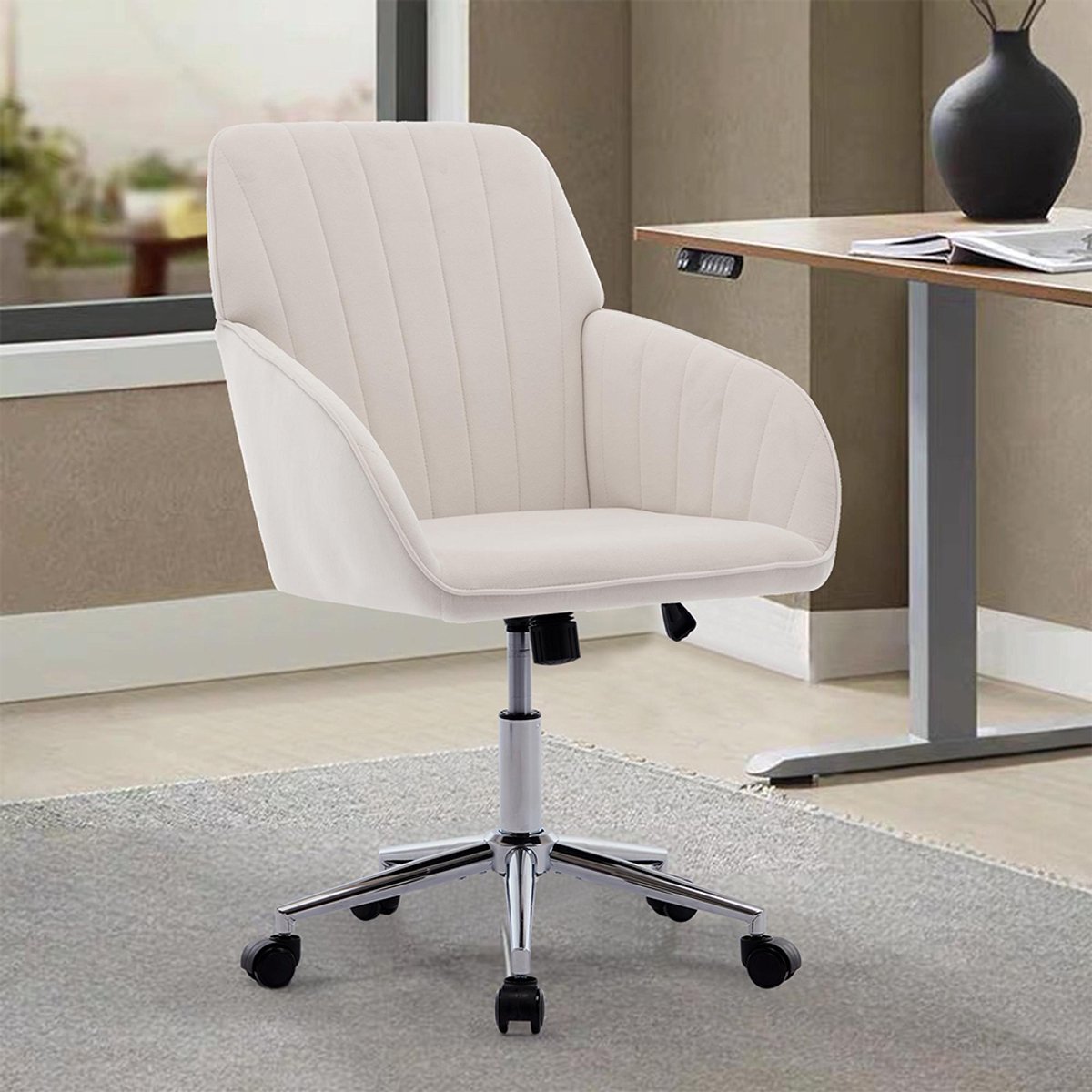 BLACKCOLORS In hoogte verstelbare draaibare bureaustoel voor thuis en de slaapkamer, ergonomische draaistoel met rugleuning, geschikt voor langdurig zitten.