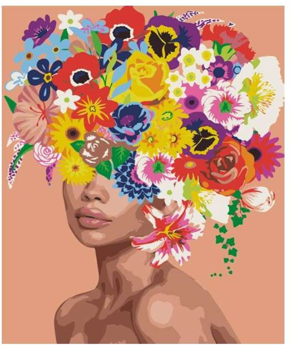CE - Malen op Nummer - Vrouw met Bloemen - 40x50cm - Inclusief Penseel