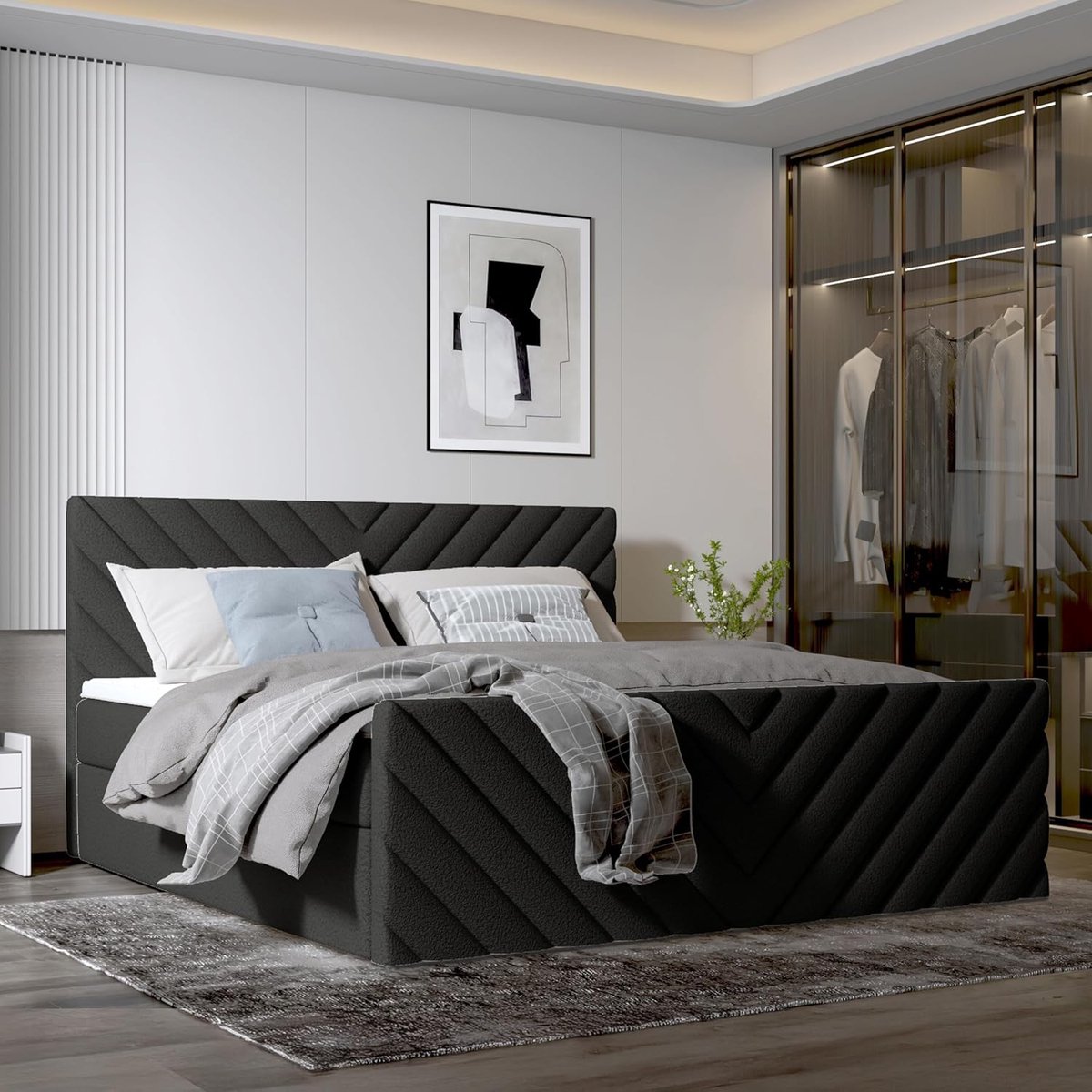Boxspring 200x200 cm met opbergladen, matras H3 en topper – tweepersoonsbed met opbergruimte, ademend matras, modern design zonder voetbord – middernachtblauw – Urbanhome
