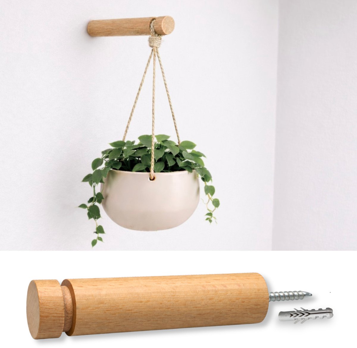 Hoya living - Plantenhaak - Beuken hout ø24mm - Plantenhanger Wandhaak - incl. Zwart S-haakje