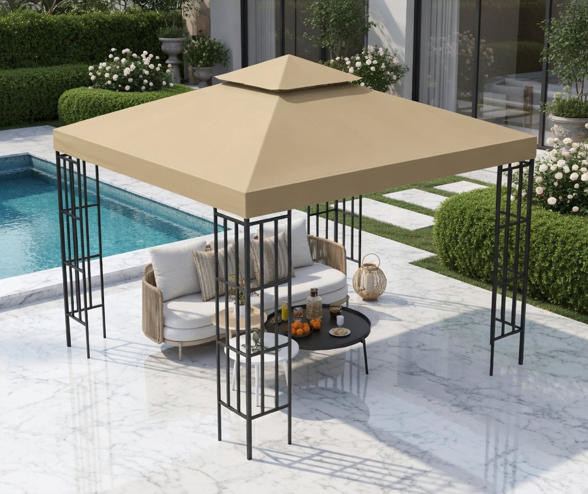 Premium Vervangingsdak voor Tuinpaviljoen 3x3m – Waterdicht Polyester Gazebo Dak met Afvoergaten en Bevestigingsriemen – Beige | MedaHomeStore