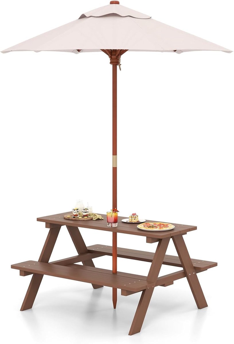 KOMFOTTEU Houten zitset voor kinderen, Zitset met parasol, Picknicktafel voor kinderen, UV-beschermend en waterdicht, Tuintafel en -bank, Kindermeubelset, Tuinmeubilair voor buiten