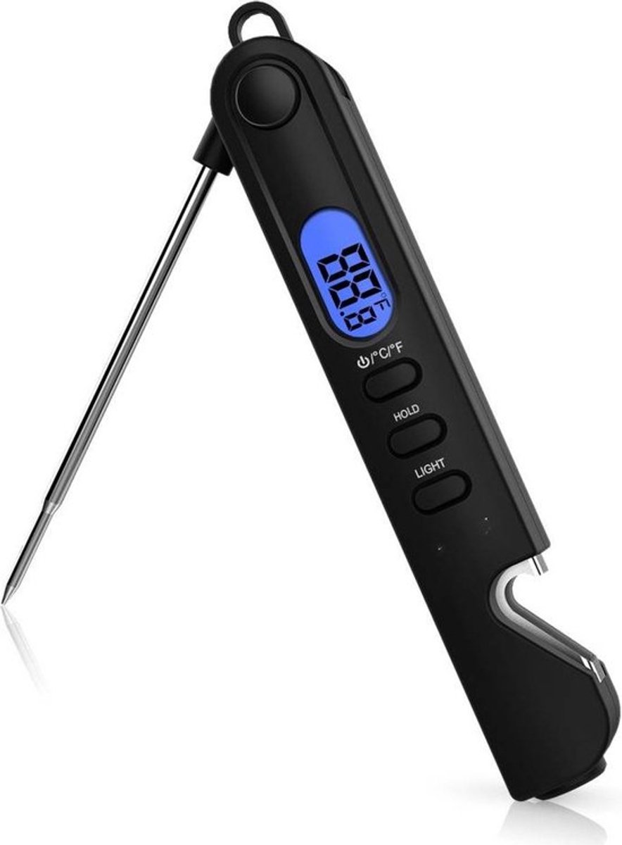 Rixora® Digitale Vleesthermometer - Direct Afleesbaar - Inklapbaar & Magnetisch - BBQ & Keukenthermometer - Waterdicht - Met Verlicht Scherm - Zwart