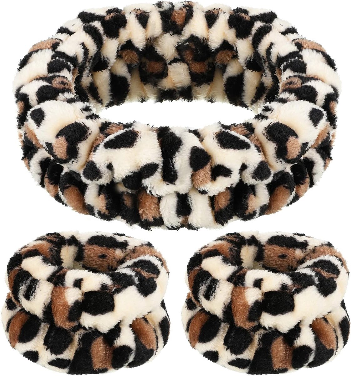 Set van 3 Zachte Spa Hoofdbanden en Polsbanden voor Make-up en Gezichtsverzorging - Elastische en Fluffy Hoofdbanden voor Vrouwen en Meisjes (Wit, Zwart)