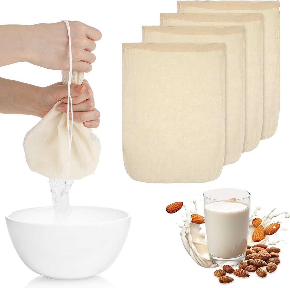 4-Pack Katoenen Notenmelkzakken 30x20cm - Fijne Gaaszeef voor Melk, Sap en Koffie - Herbruikbare Voedselzeef voor Yoghurt en Thee