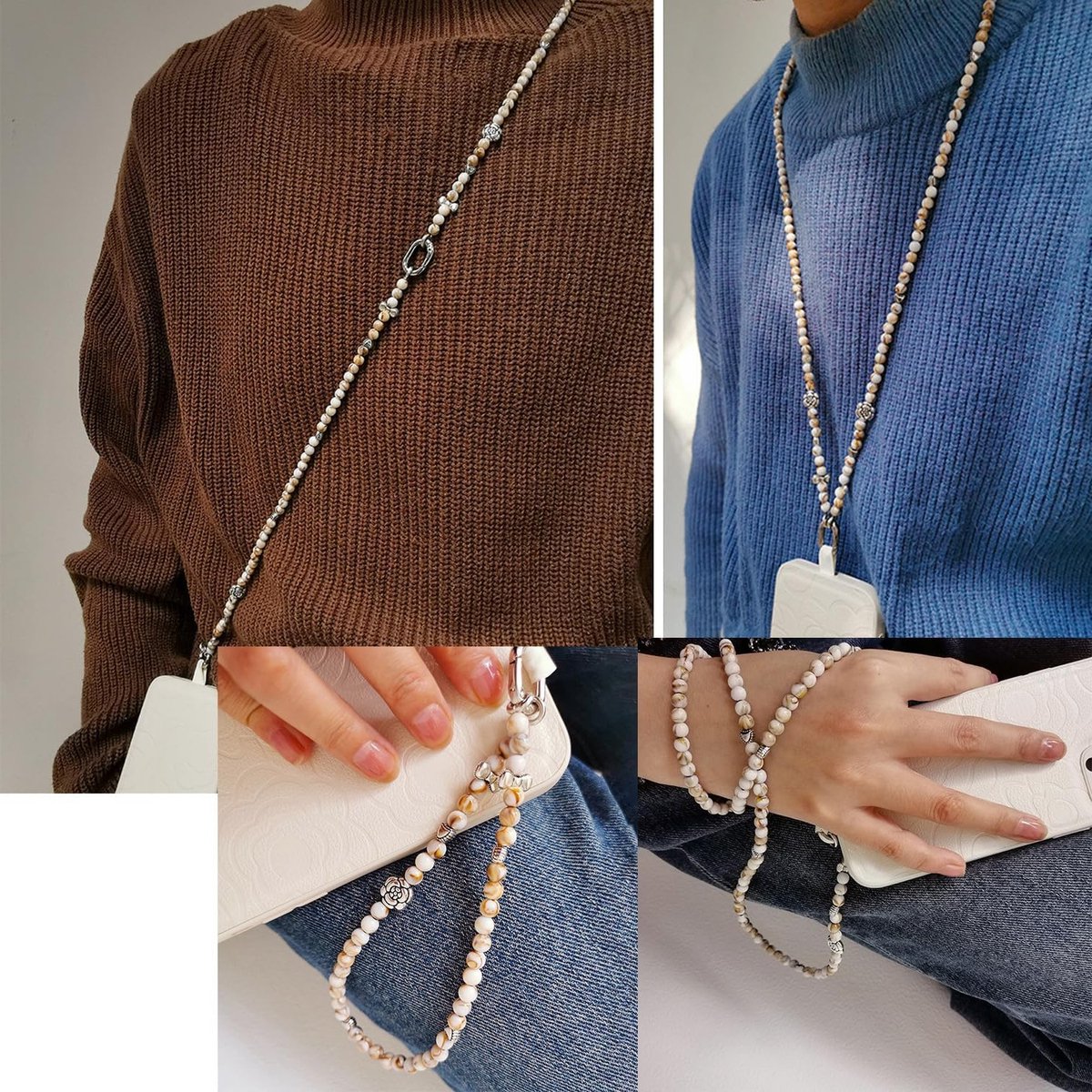 Telefoonketting 118 cm/88 cm/25 cm - Lanyard voor om de nek, telefoonpendant en patchketting, beige, kort, 25 cm, ideaal voor smartphonegebruikers