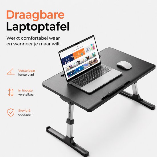 Zwarte draagbare laptoptafel met laptop en muis. Verstelbaar kantelblad, in hoogte verstelbaar, stevig en duurzaam. Met 'Draagbare Laptoptafel' in tekst.