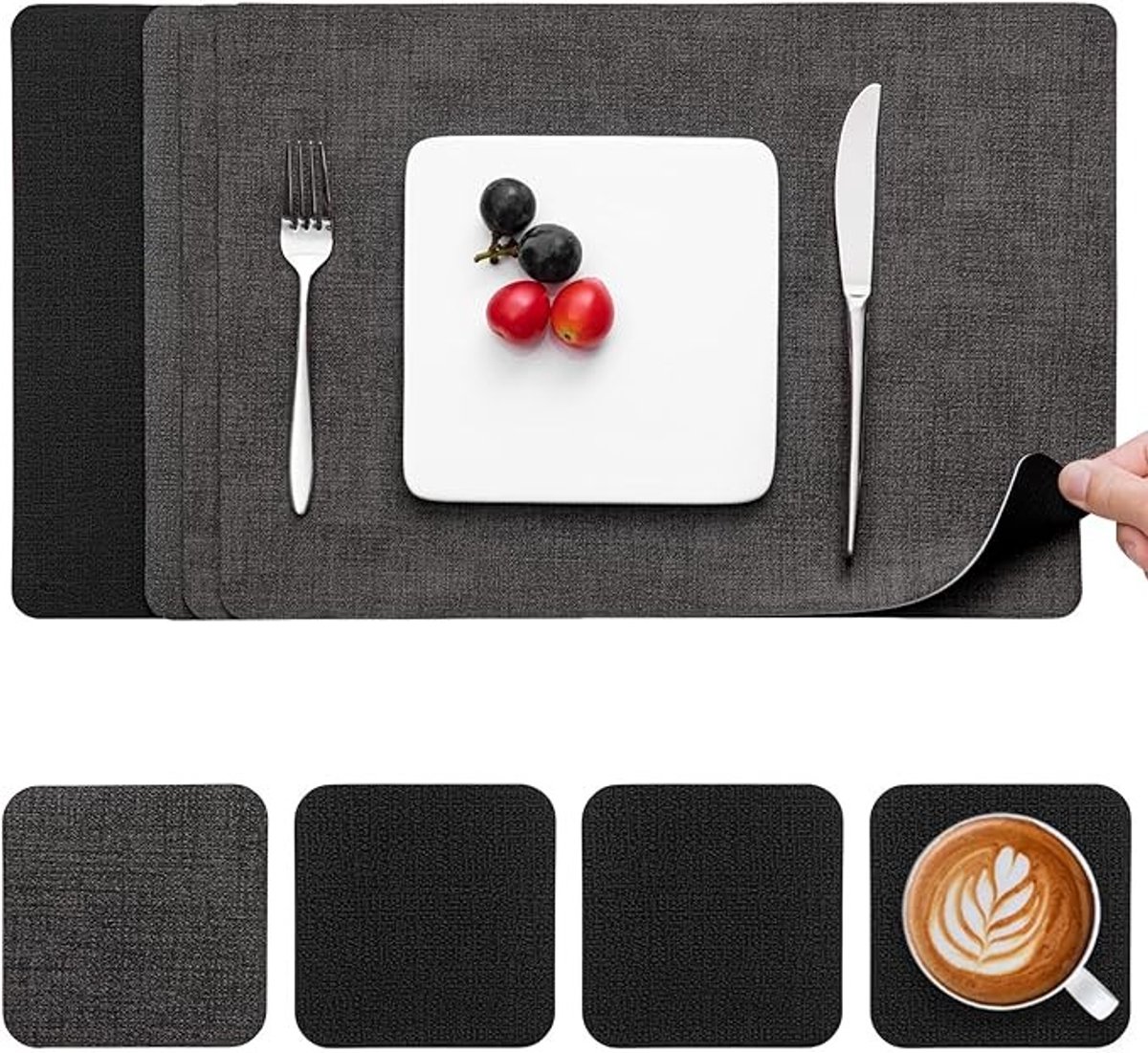 Leren Placemat en Onderzetters Set - 4 Stuks - Grijs/Zwart - Waterdicht en Antislip