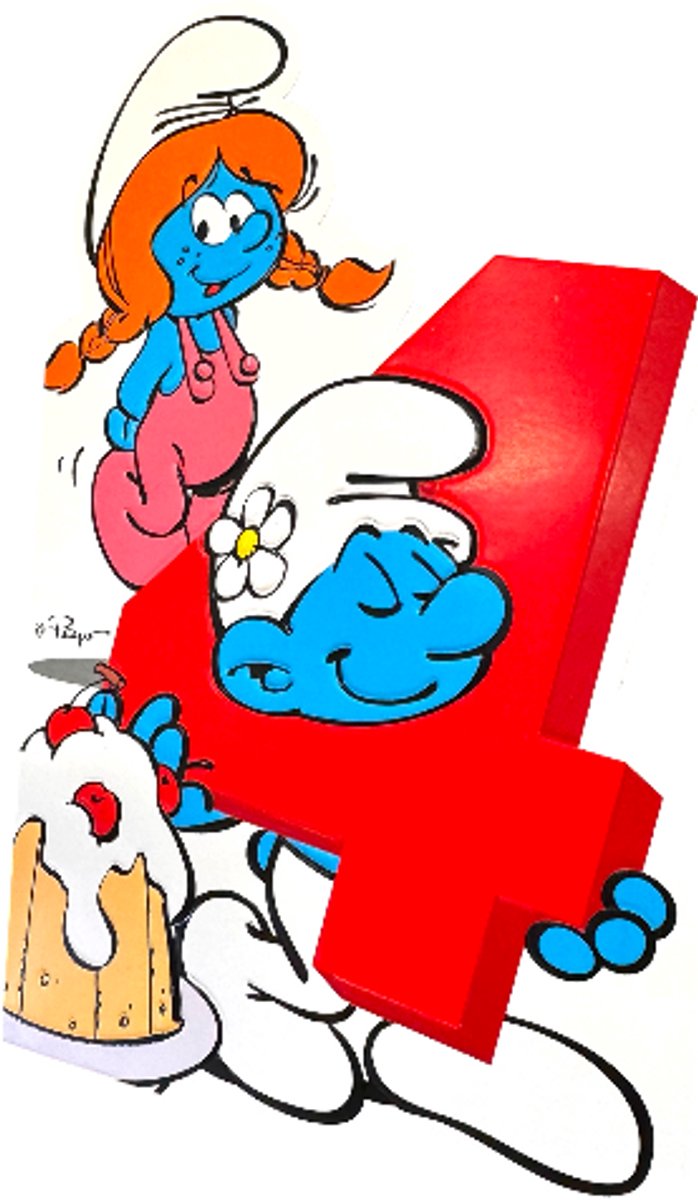 Sassette en IJdele smurf – De Smurfen Reliëf Verjaardagskaart – 4 Jaar – Cromo – 11,5 x 17 cm