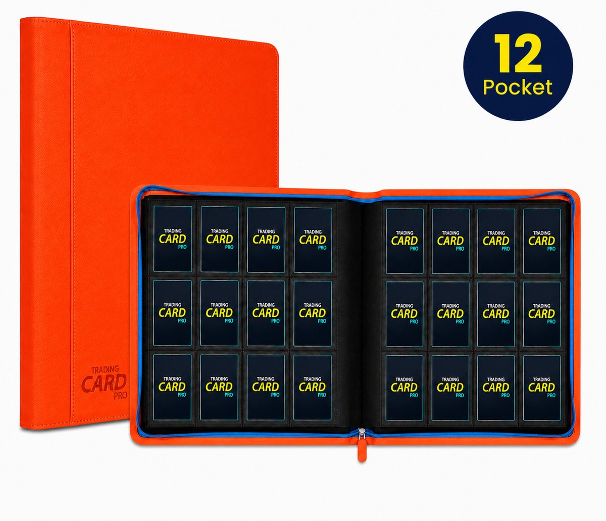TradingCardPro® Deluxe 12-Pocket Verzamelmap – Met Ritssluiting – Geschikt voor Pokemon – 480 Kaarten – 12 Pocket - Binder - Oranje met blauwe details