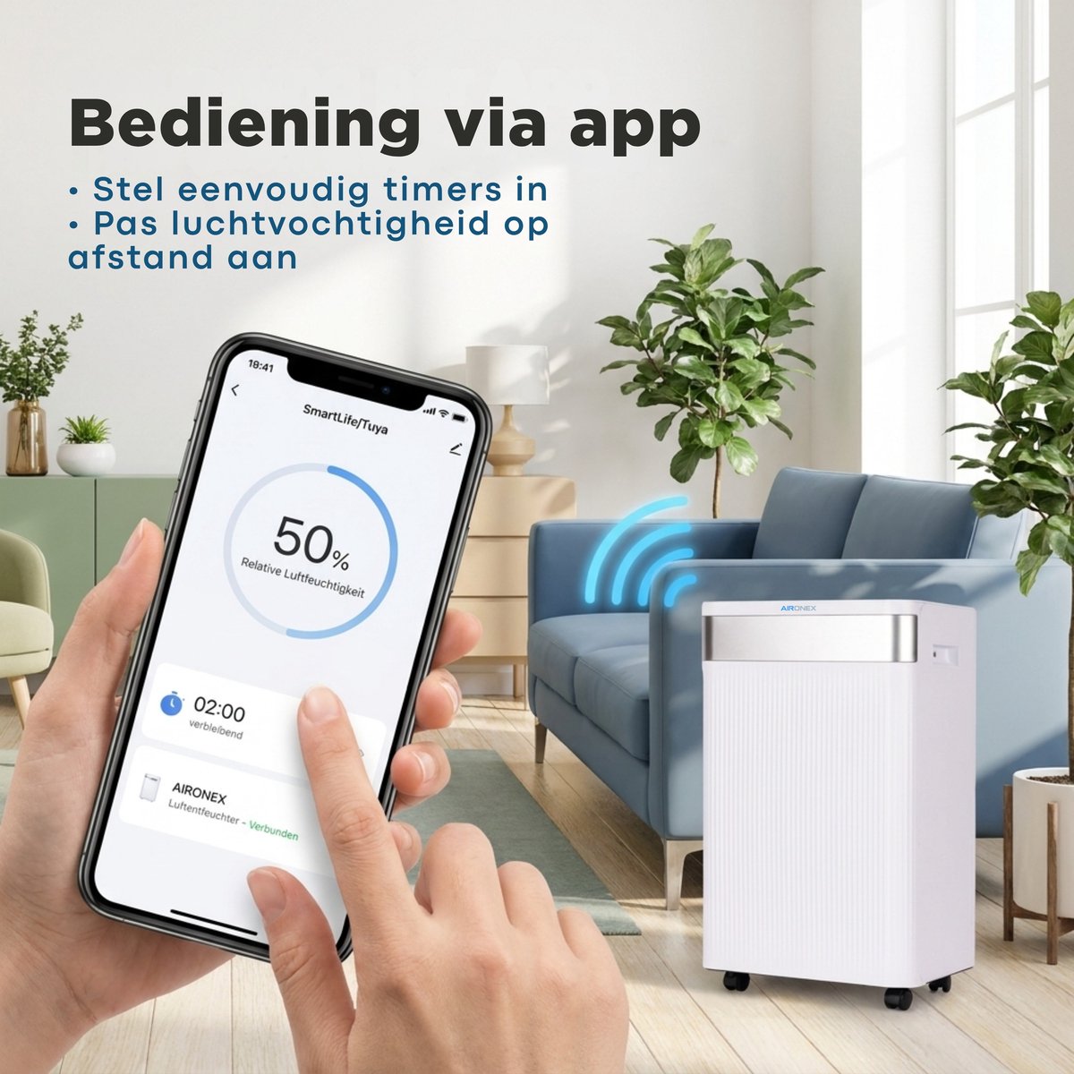 Aironex Luchtontvochtiger 20L per dag – Wasdroogfunctie – Tot 70 m² – Stil – Met App & Ionisator – Voor Kelder, Woonkamer, Slaapkamer & Badkamer – Dehumidifier thumbnail 4