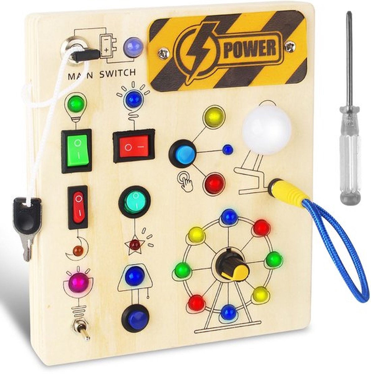 Montessori Drukbord vanaf 1 Jaar - Educatief Houten Activiteitenbord met LED Lichtschakelaars - Sensorisch en Motorisch Leerspeelgoed - Perfect Cadeau voor Jongens en Meisjes 1-4 Jaar