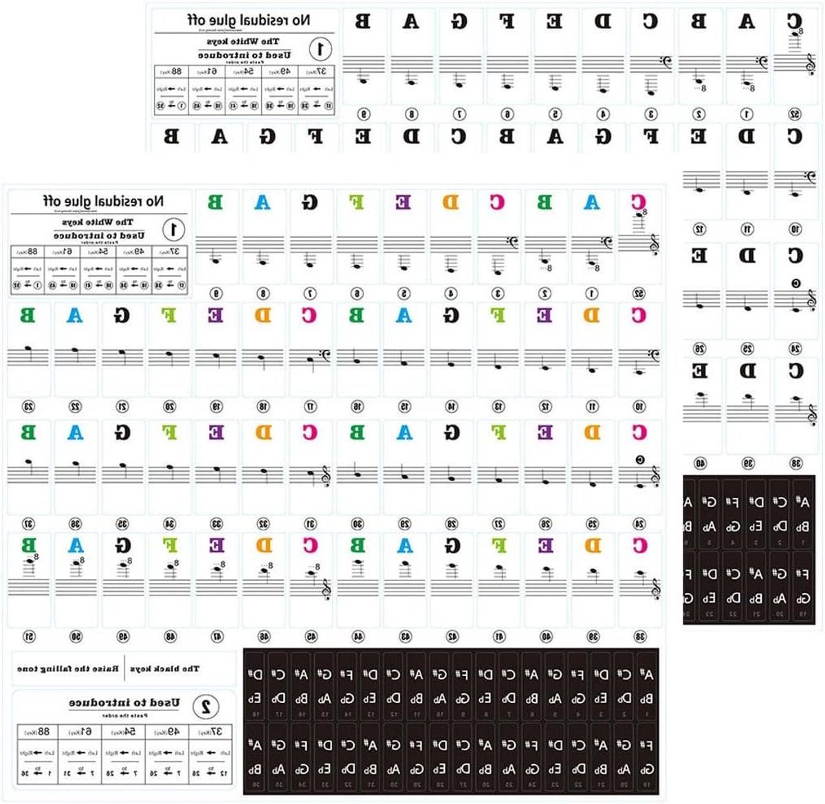 Piano Keyboard Notitie-Etiketten - Stickers voor Pianotoetsen - Beginners Leren Akkoorden - Herbruikbaar en Zonder Resten - 88 Toetsen Set