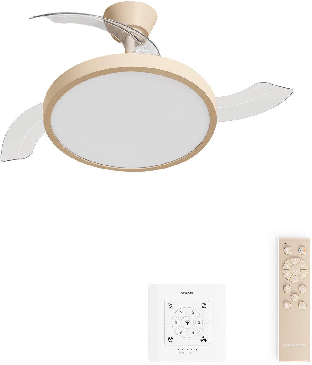 CREATE - Plafondventilator 40W stil met intrekbare bladen met licht - Ø108cm - Zand - Controller voor wandmontage + afstandsbediening - WIND CLEAR STUDIO