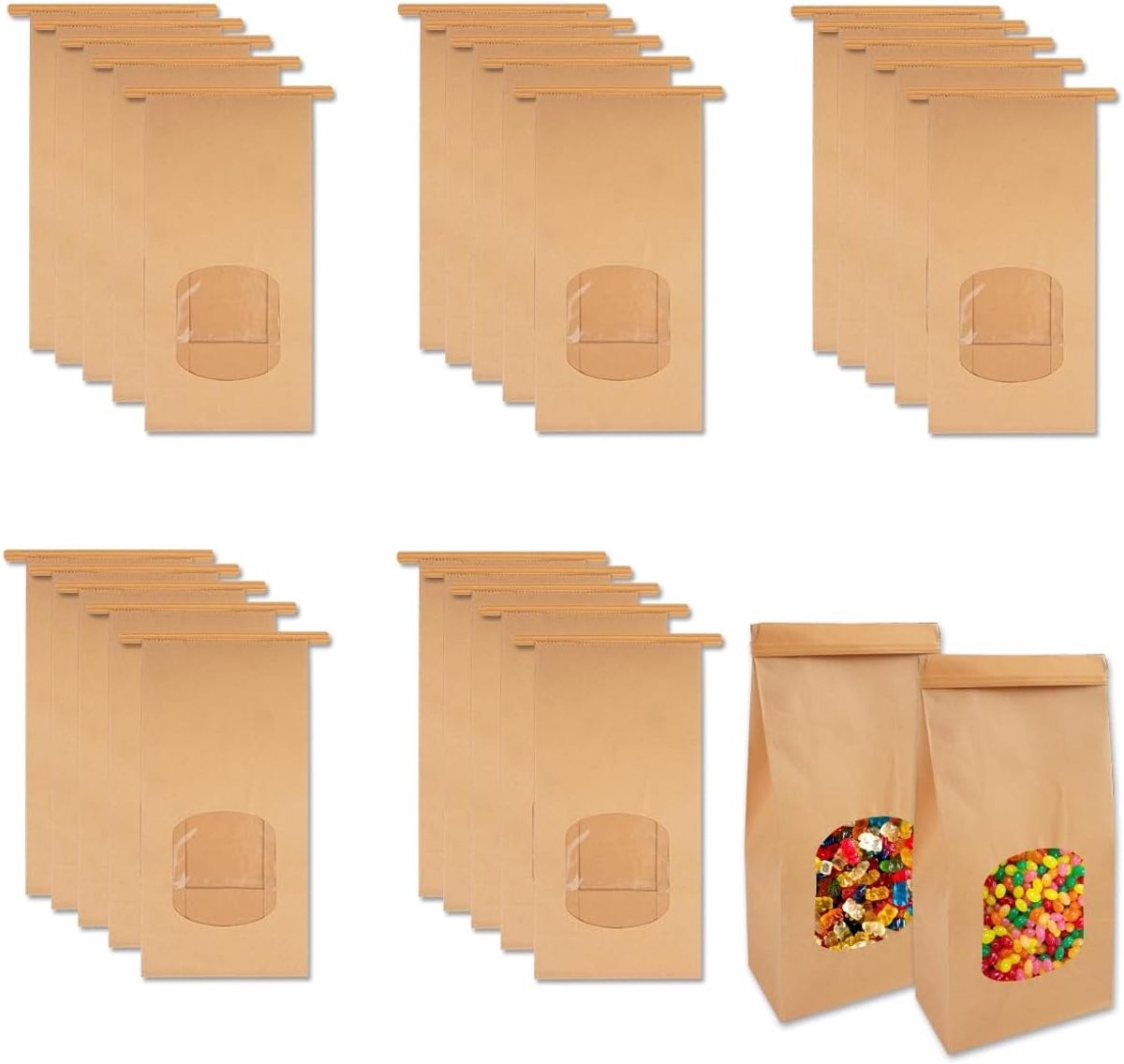 25 Stuks Bruine Kraft Papieren Tassen met Transparant Venster en Sluitdraad, 24.7×12×6.5cm, Oliebestendige Tassen voor Brood, Koekjes, Snoep en Koffiebonen