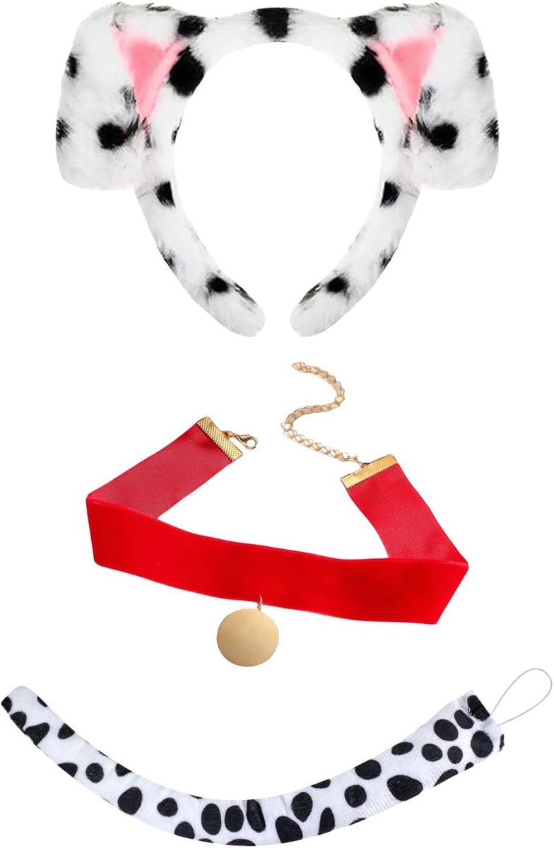3-delige Dalmatiaan Kostuum Accessoires Set met Hondenoren Hoofdband, Fluwelen Choker en Staart voor Halloween, Verkleedfeest en Dieren Cosplay
