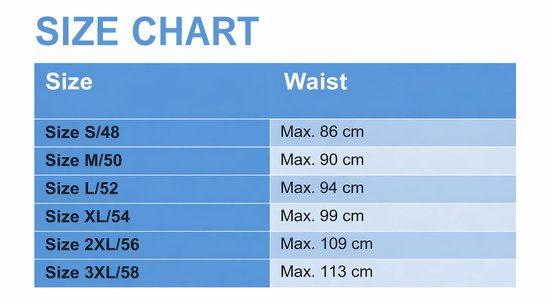 Maattabel met maten S/48 tot 3XL/58 en bijbehorende maximale taillemates in cm.