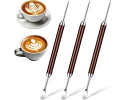 16 cm Dubbelzijdige Koffiekunst Pen - 3 Stuks RVS Latte Art Pen met Houten Handvat voor Barista Decoratie, Espresso Versiering en Cappuccino Accessoires