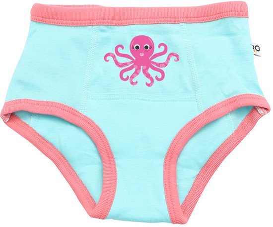 Blauw oefenbroekje met roze bies en een roze octopus.