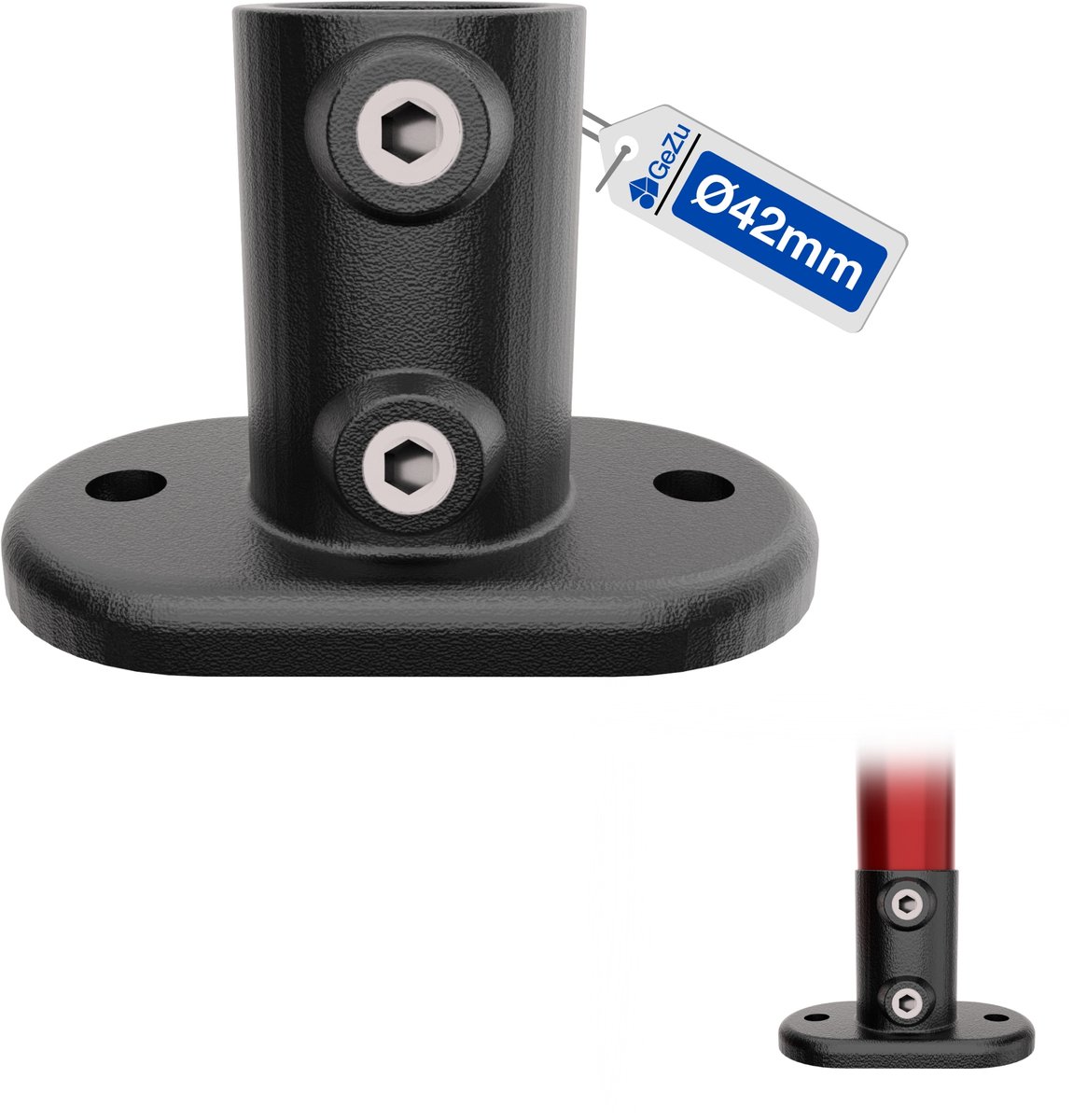 GeZu Impex Buiskoppeling Voetplaat Ovaal Ø42mm Thermisch Verzinkt Zwart